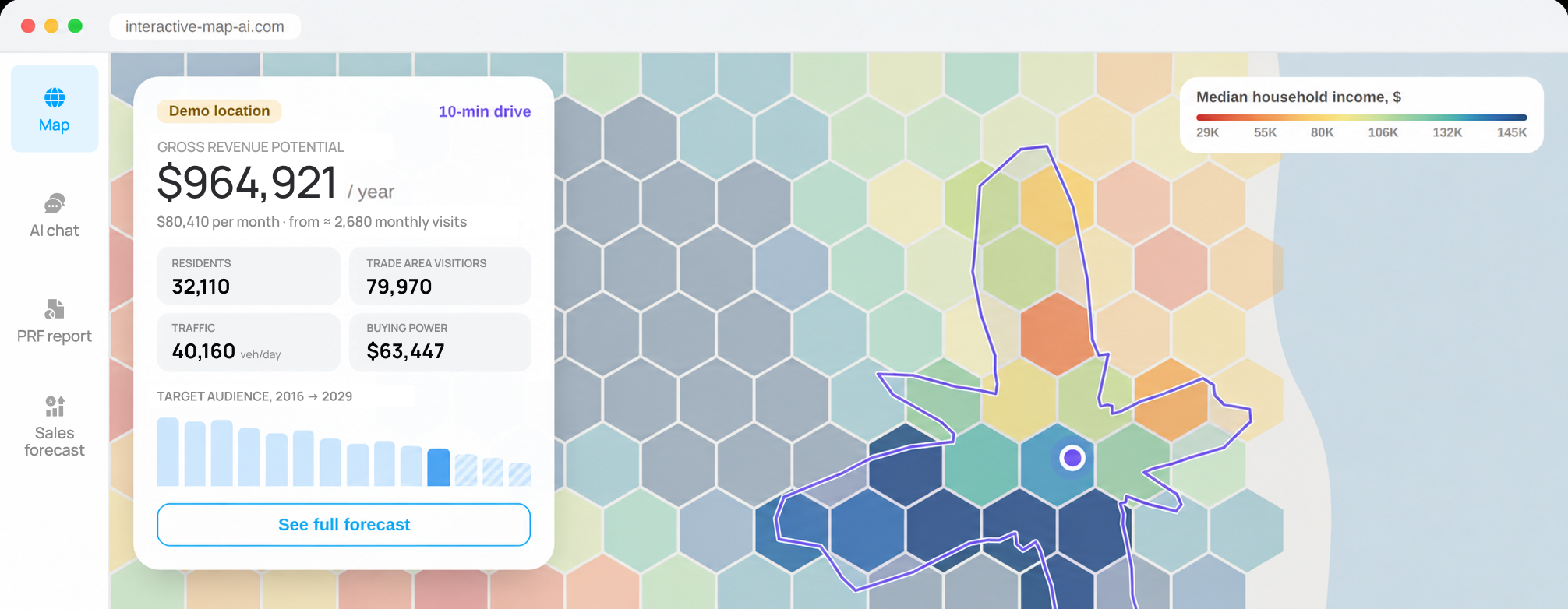 Map AI sales forecast for an example US location: drive-time trade area map and yearly revenue estimate