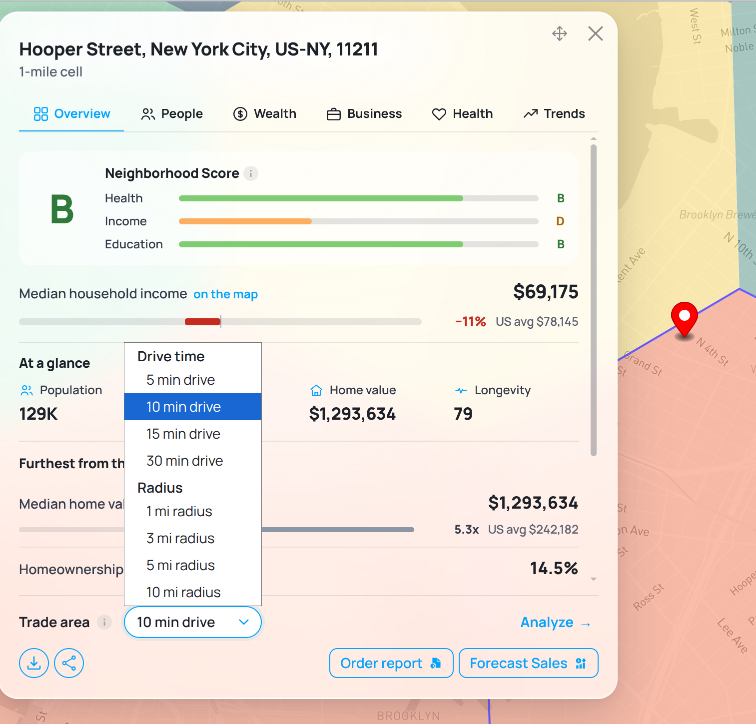 Choosing a 15-minute drive-time trade area on Map AI