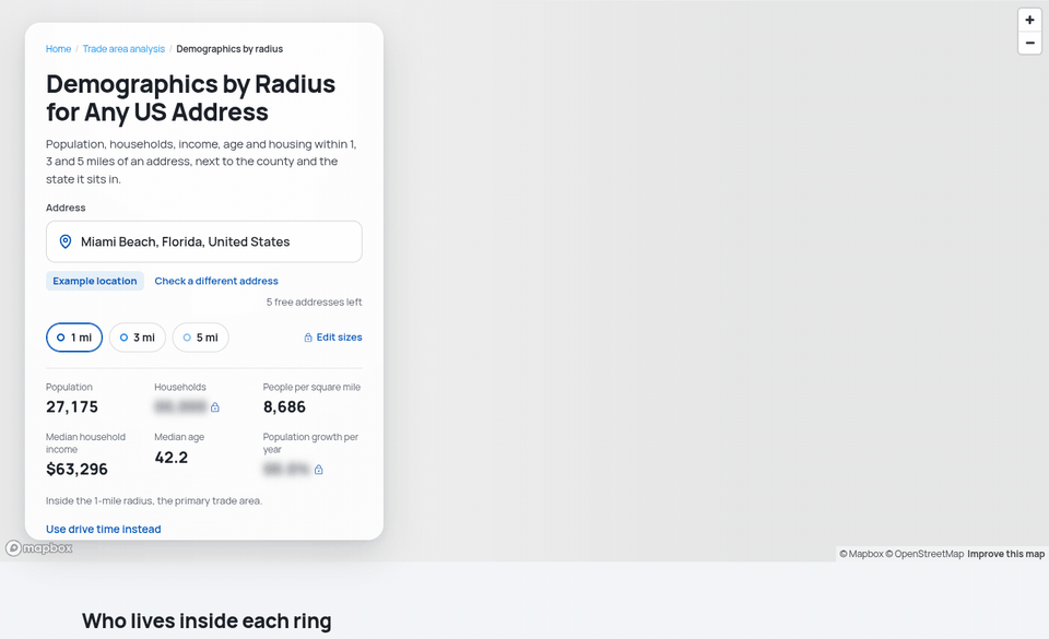 Typing a US address into Map AI's Demographics by Radius tool and switching between the 1, 3 and 5 mile rings