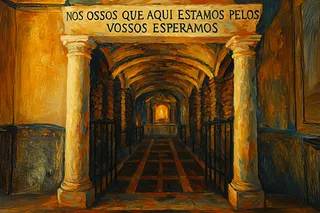 Modern abstract painting of a crypt with inscriptions