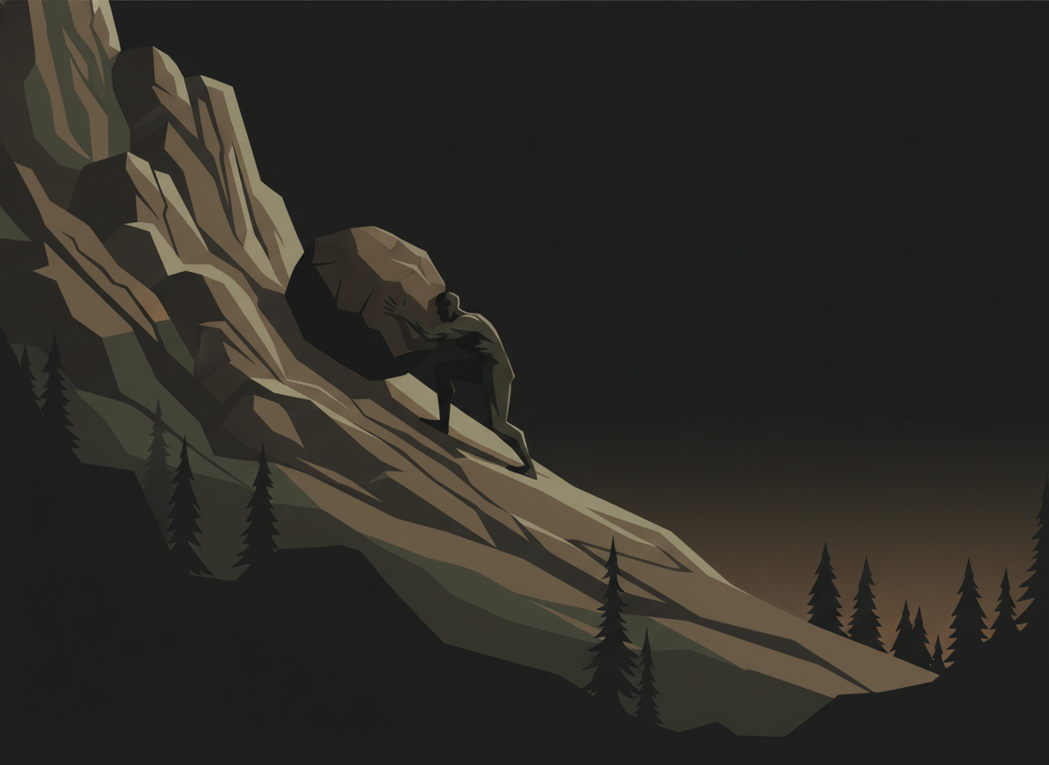 2d illustration of Sisyphus pushing a rock up a mountain