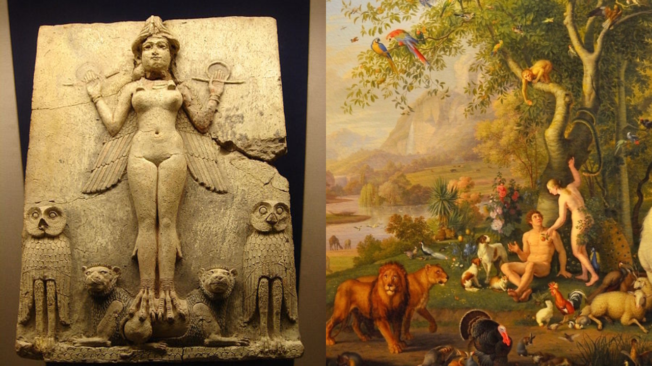 Image of a Mesopotamian goddess next to an image of Adam and Eve in Eden