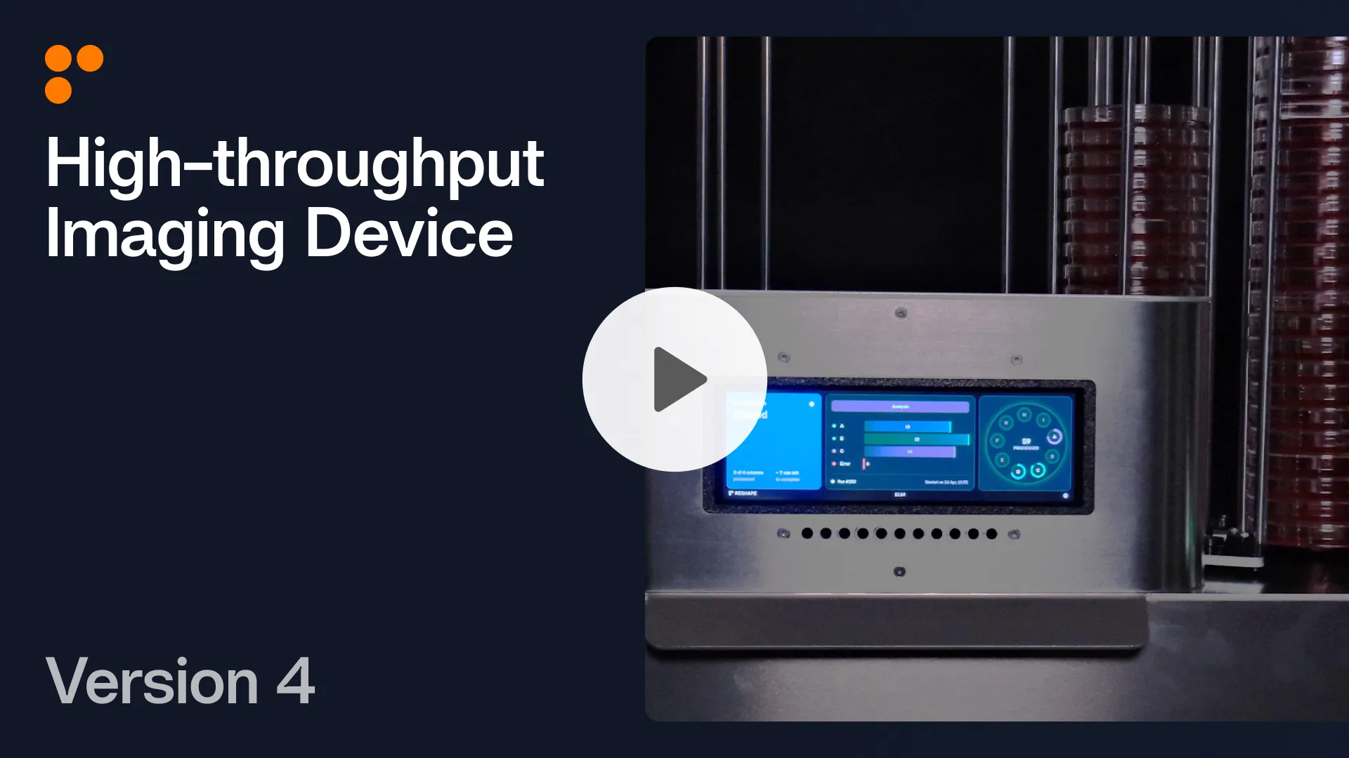 High-throughput imaging device with control screen and stacked petri dishes, Version 4 display on dark background.