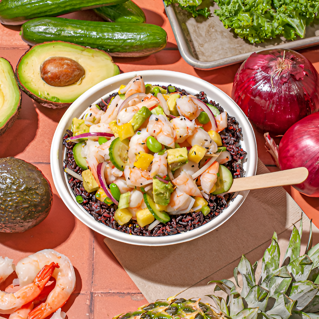 Sweetfin’s protein-packed bowl featuring salmon, chickpeas, brown rice, and mixed vegetables ready for meal prep.