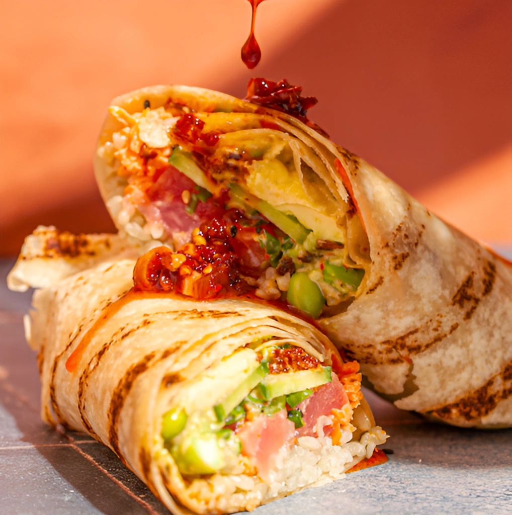 Sweetfin poke burrito sliced in half with fresh fish, avocado, rice, and chili oil.