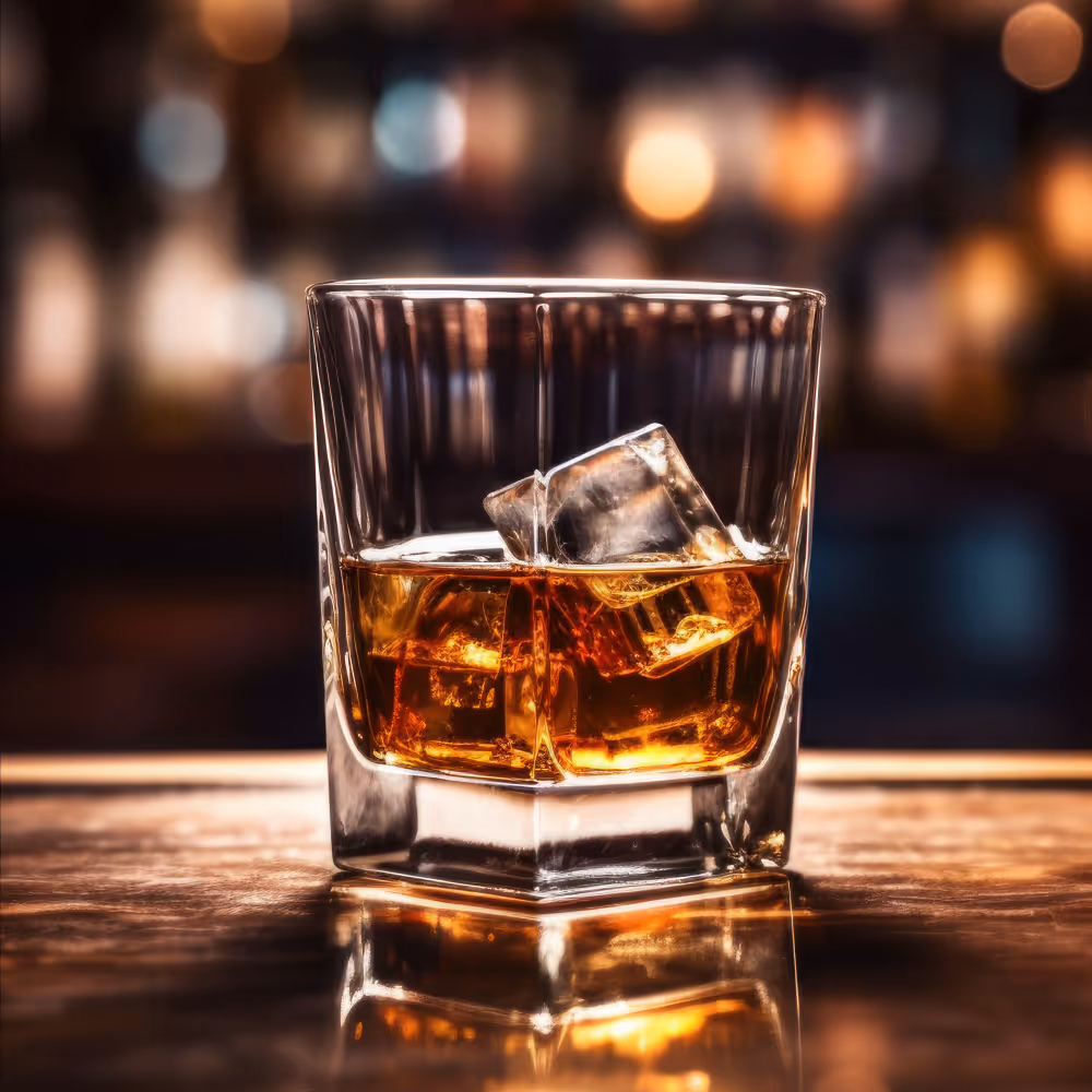 Whiskey glass filled with whiskey on the rocks for Whiskey Wednesday special