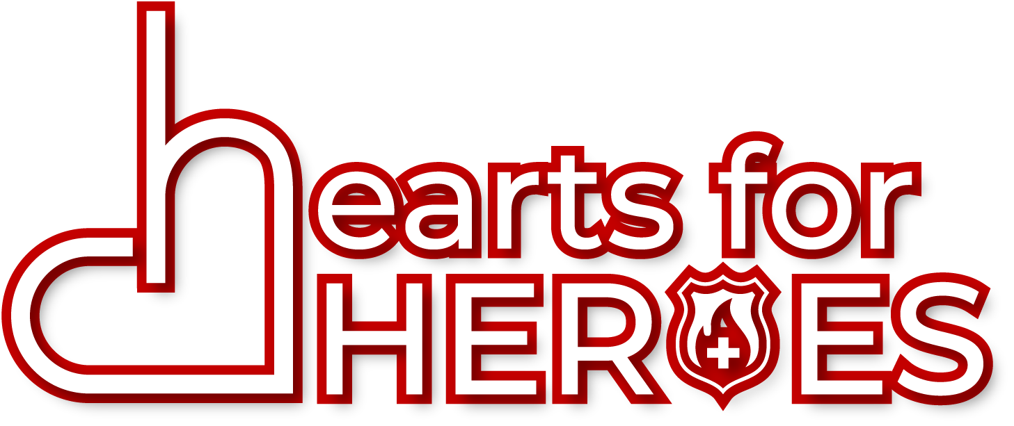 Graphic title for fundraiser event "Hearts For Heroes". All day fundraiser for firefighter families from the Canfield incident.