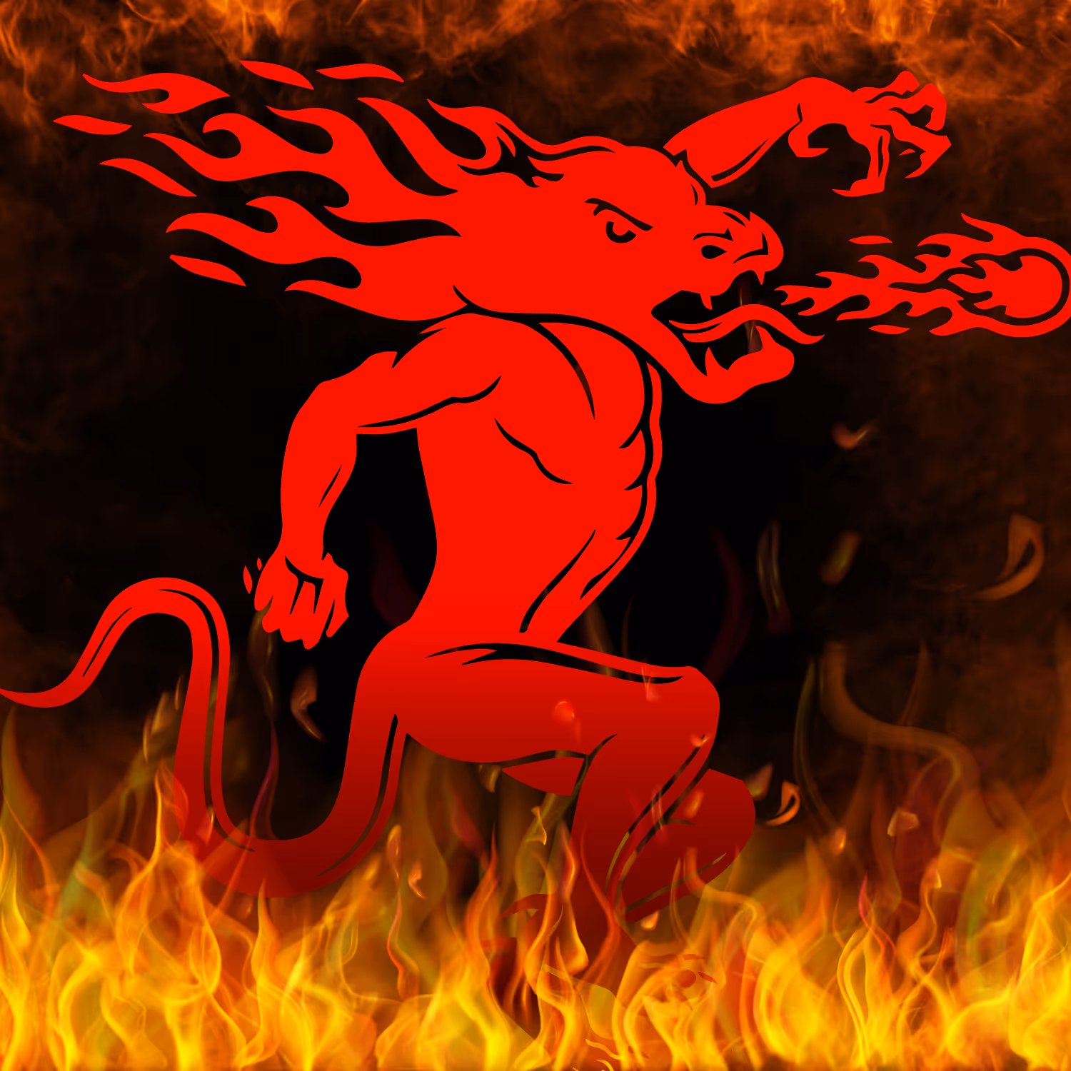 Black background with flames surrounding edges. Fireball Whisky dragon in center