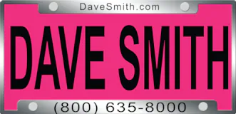 Dave Smith Motors logo showing a license plate frame with a hot pink background
