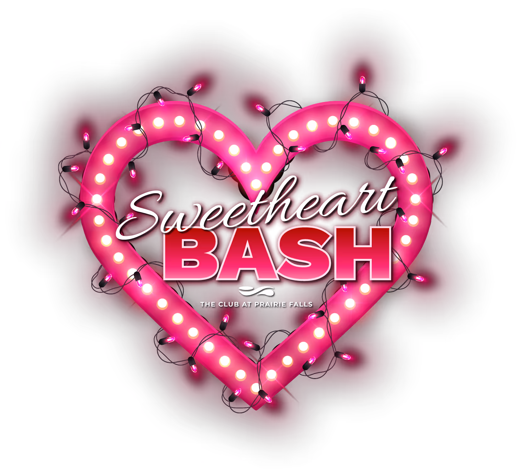 Graphic title for event called Sweetheart Bash with a glowing pink glam heart and lights surrounding the text