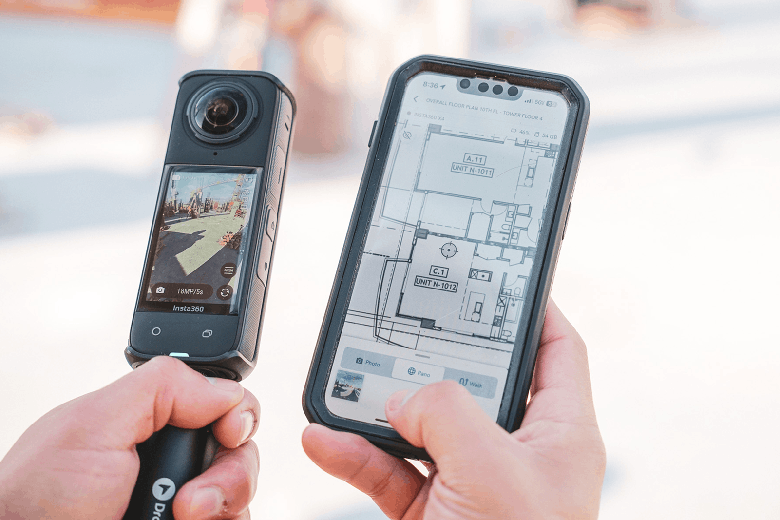 The image shows two mobile devices being held in a person's hands. The device on the left appears to...