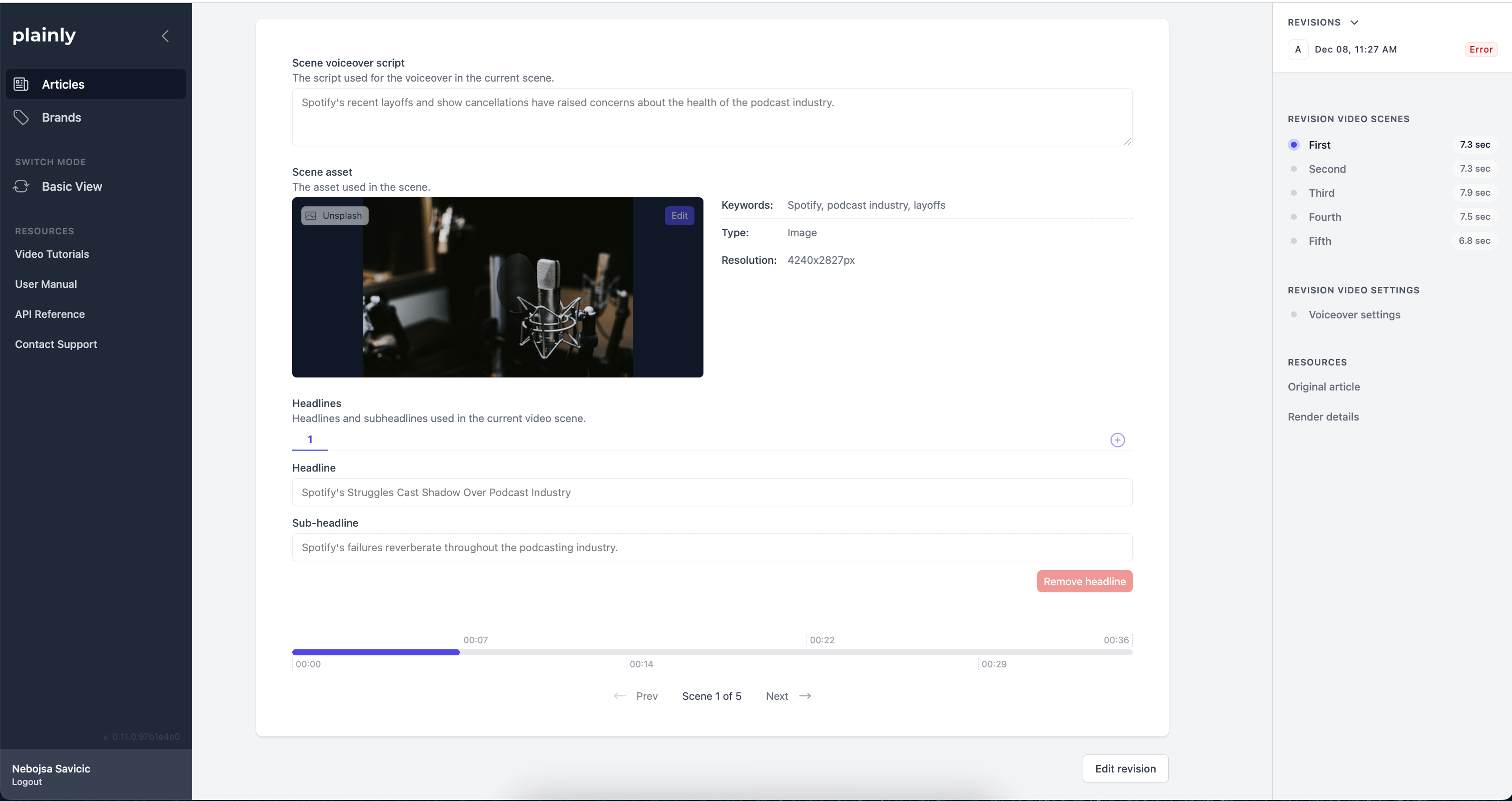 plainly article to video product interface screenshot