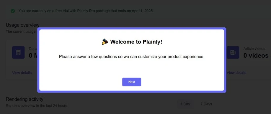 onboarding pop up question in plainly