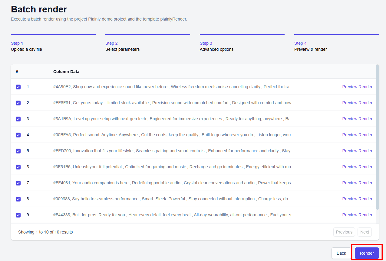 videos from structured data render button for batch rendering