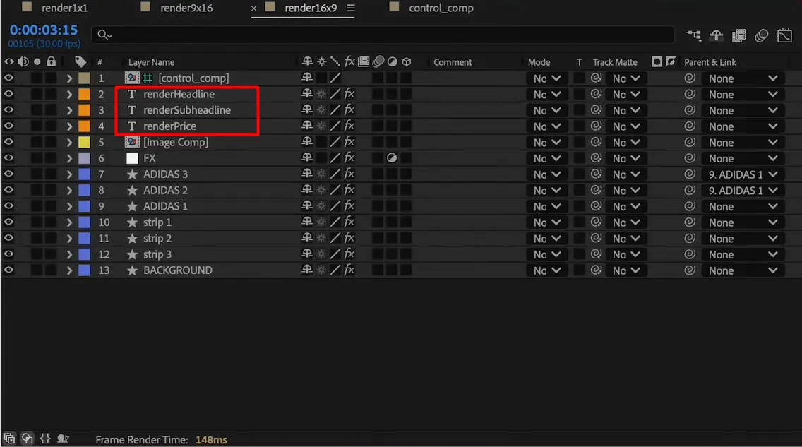 add prefix to the after effect template for spreadsheet to video