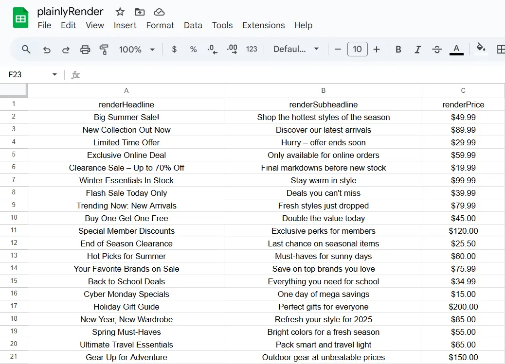 sample sheet for spreadsheet to video