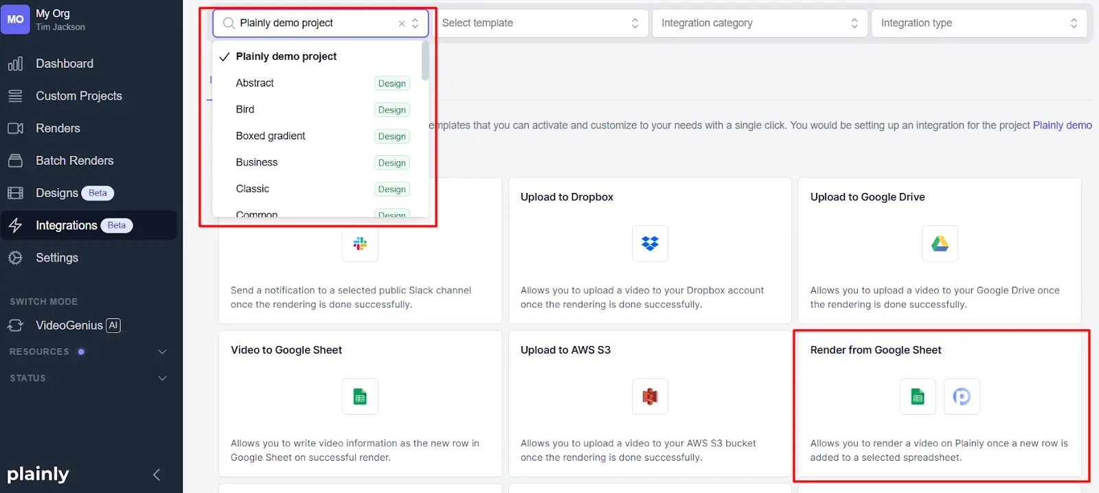 google integration in plainly for spreadsheet to video