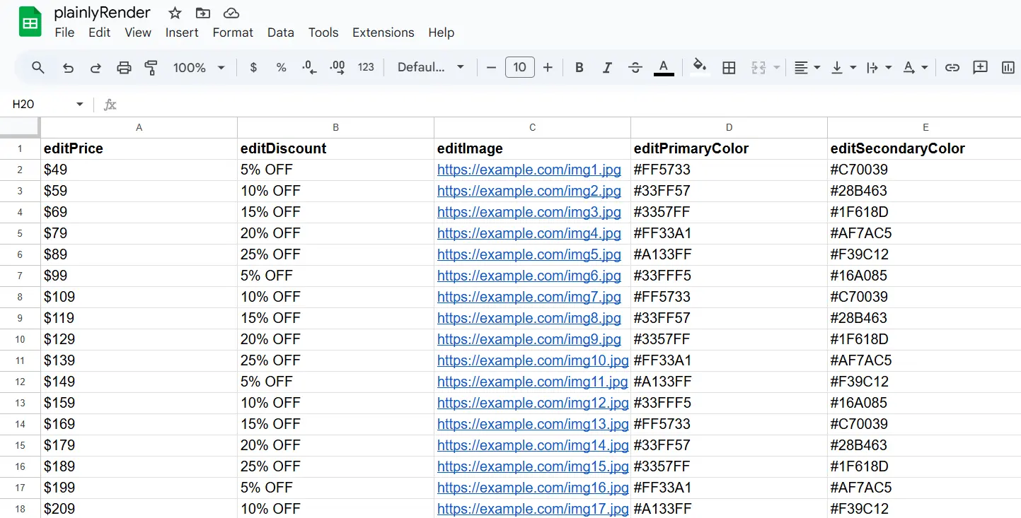 Sheet example with data for video conent at scale