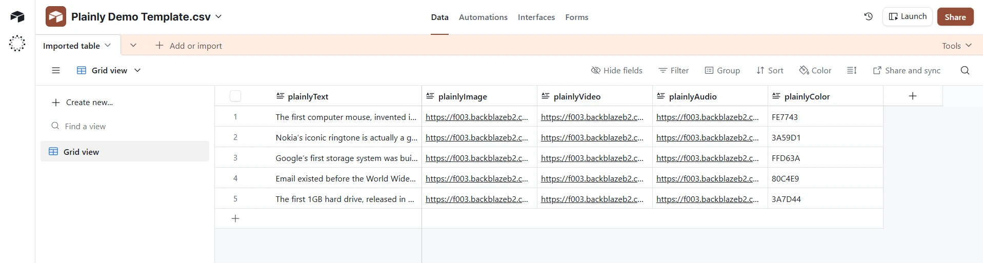 Example data in a airtable