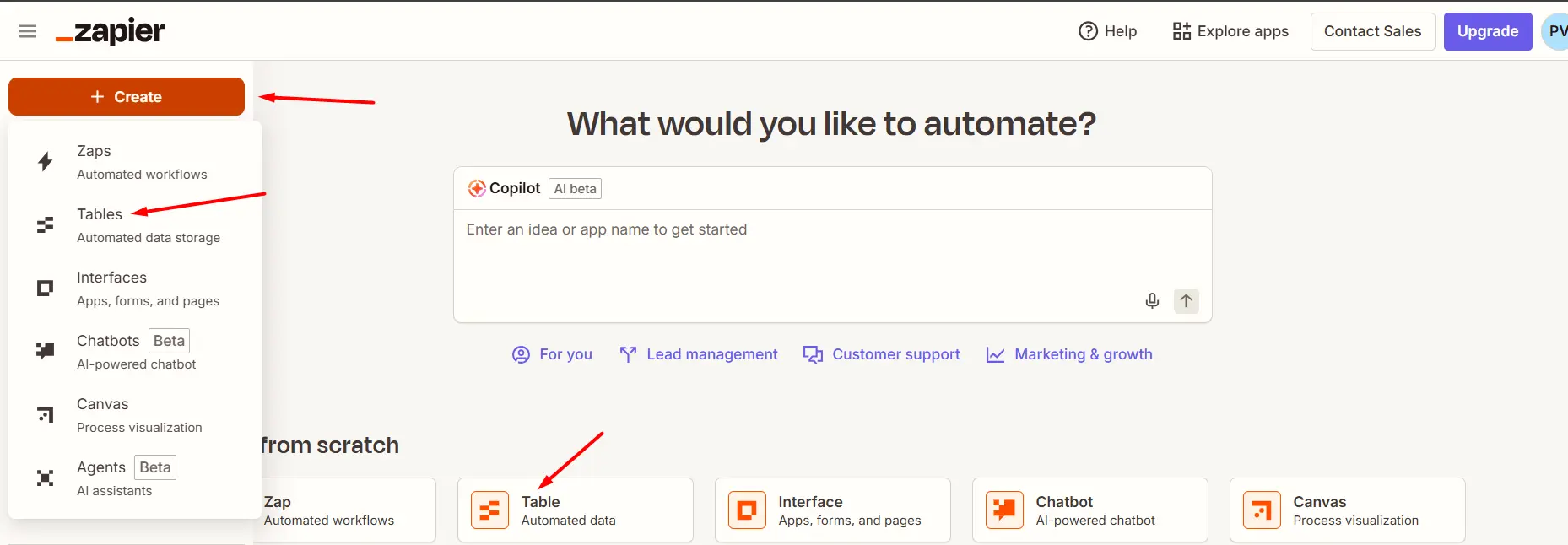 create table in zapier