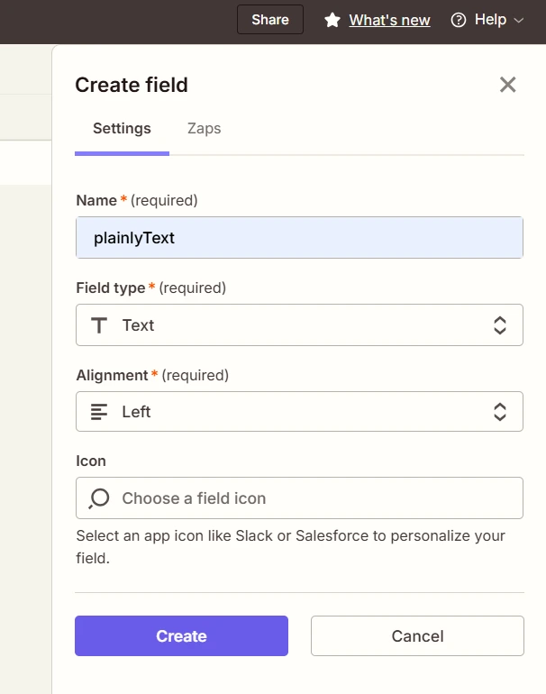 Create a field for your zapier table