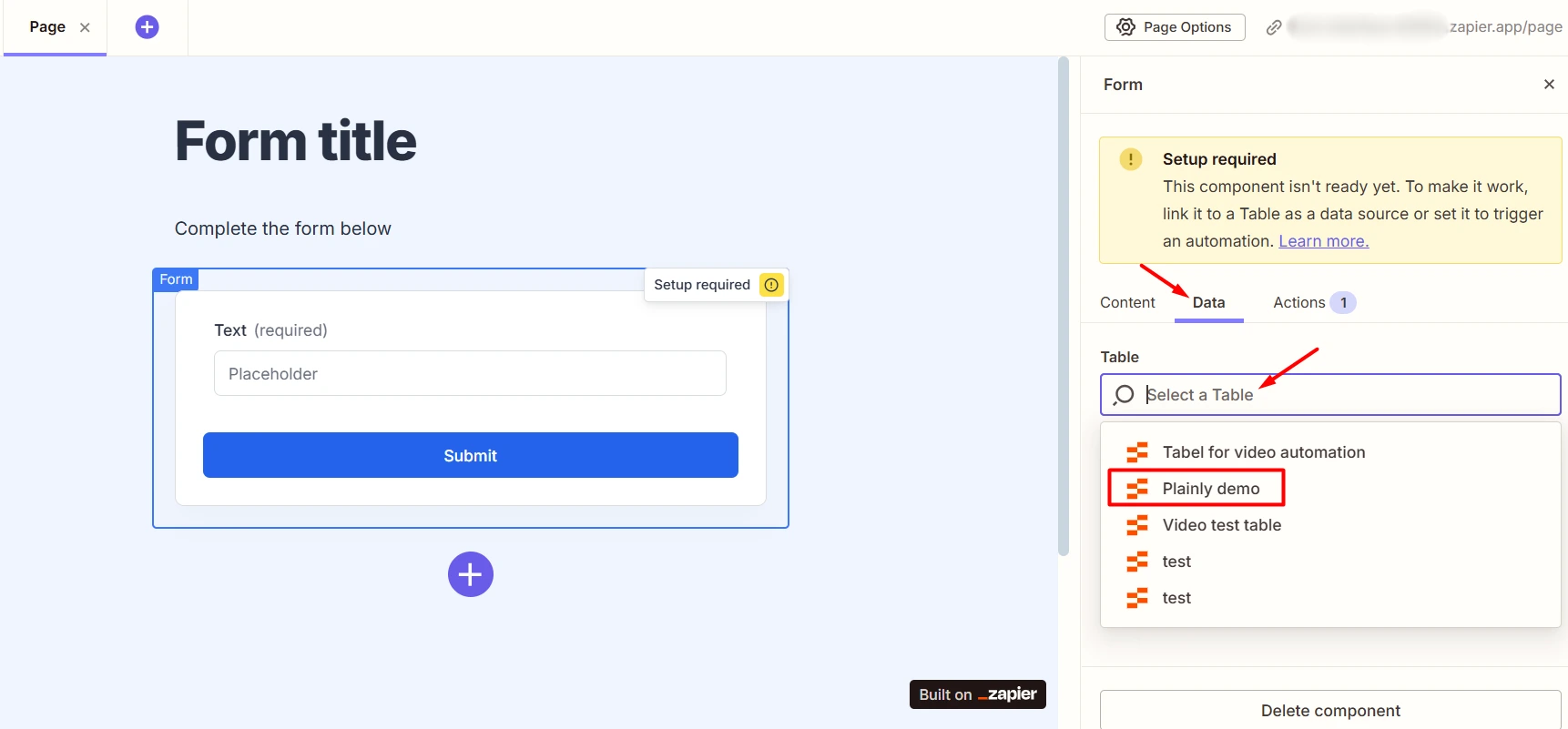 Connect the form with the table in zapier