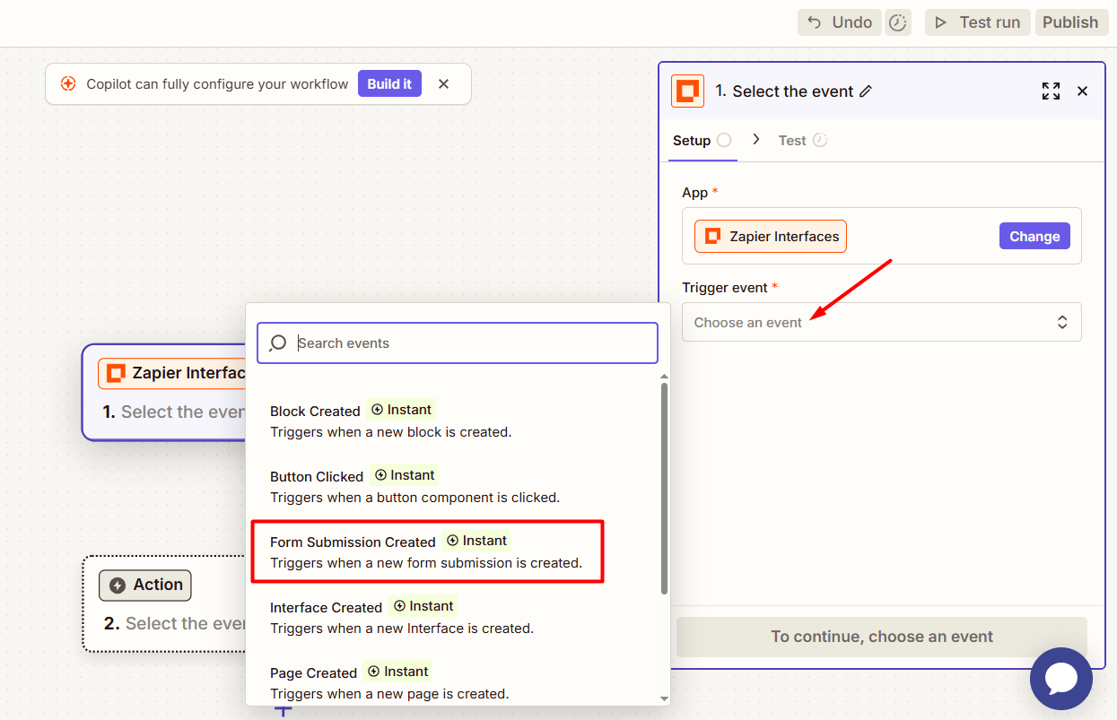 Select trigger even form submission created