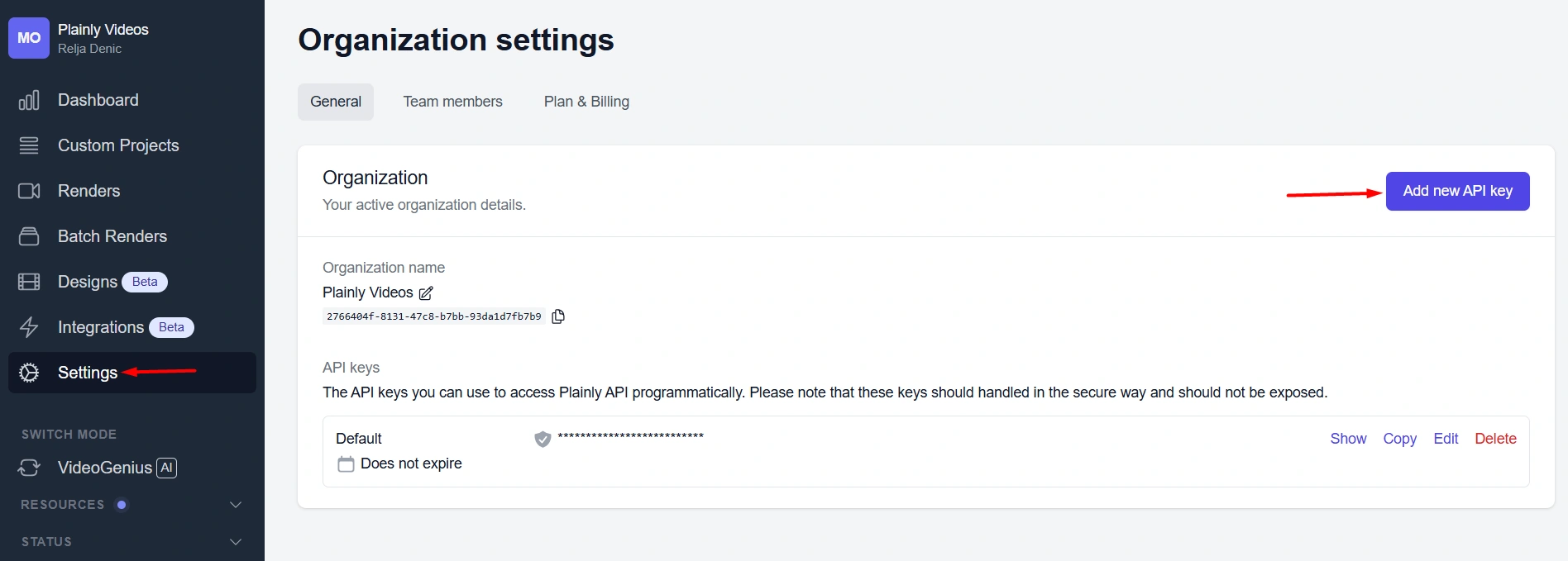 Add a new API key in Plainly