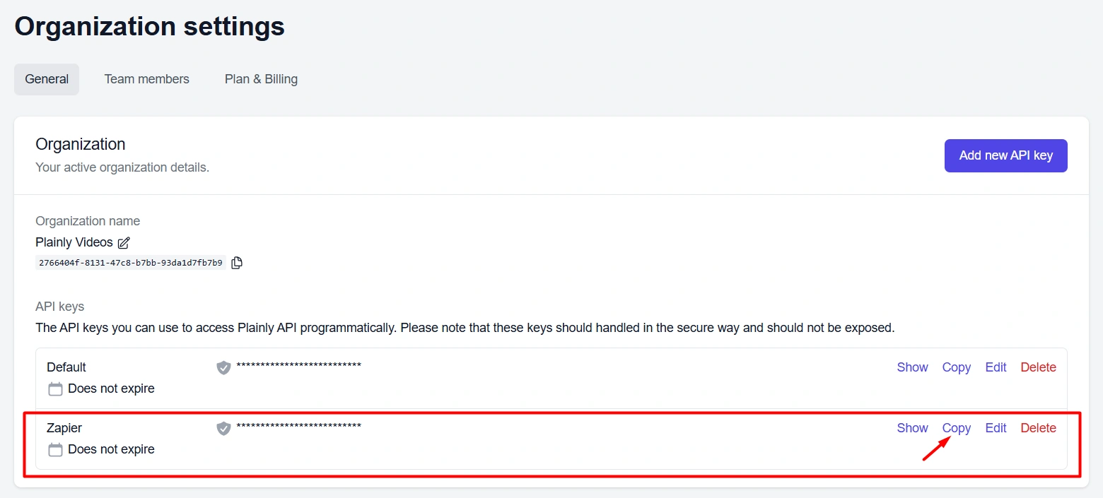 Copy your API key from Plainly