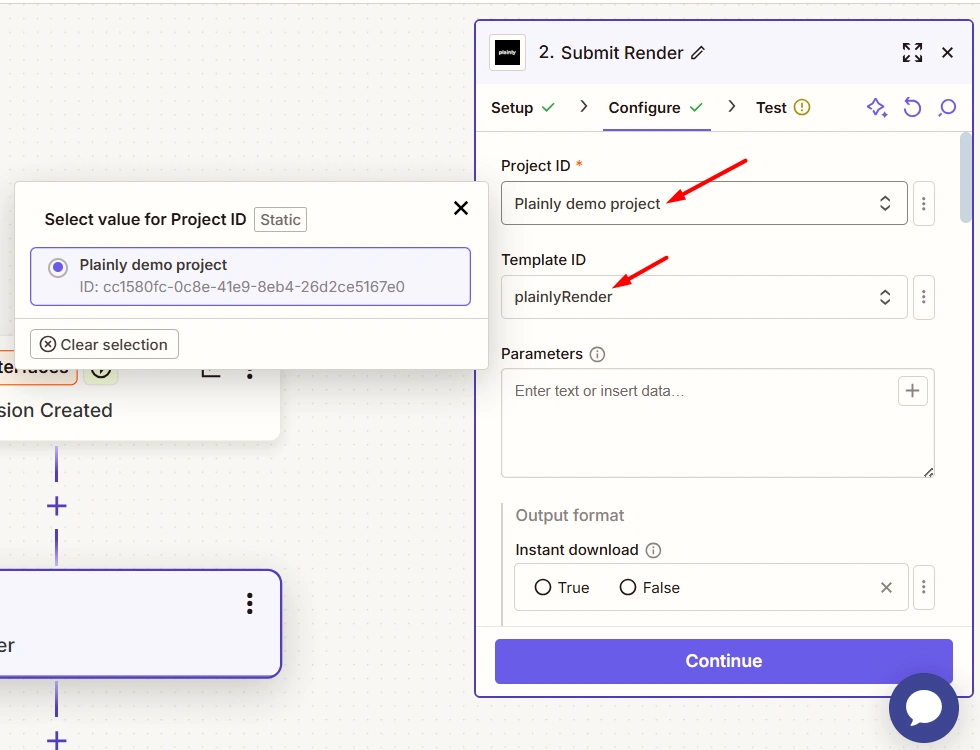 Select your project and template from Plainly