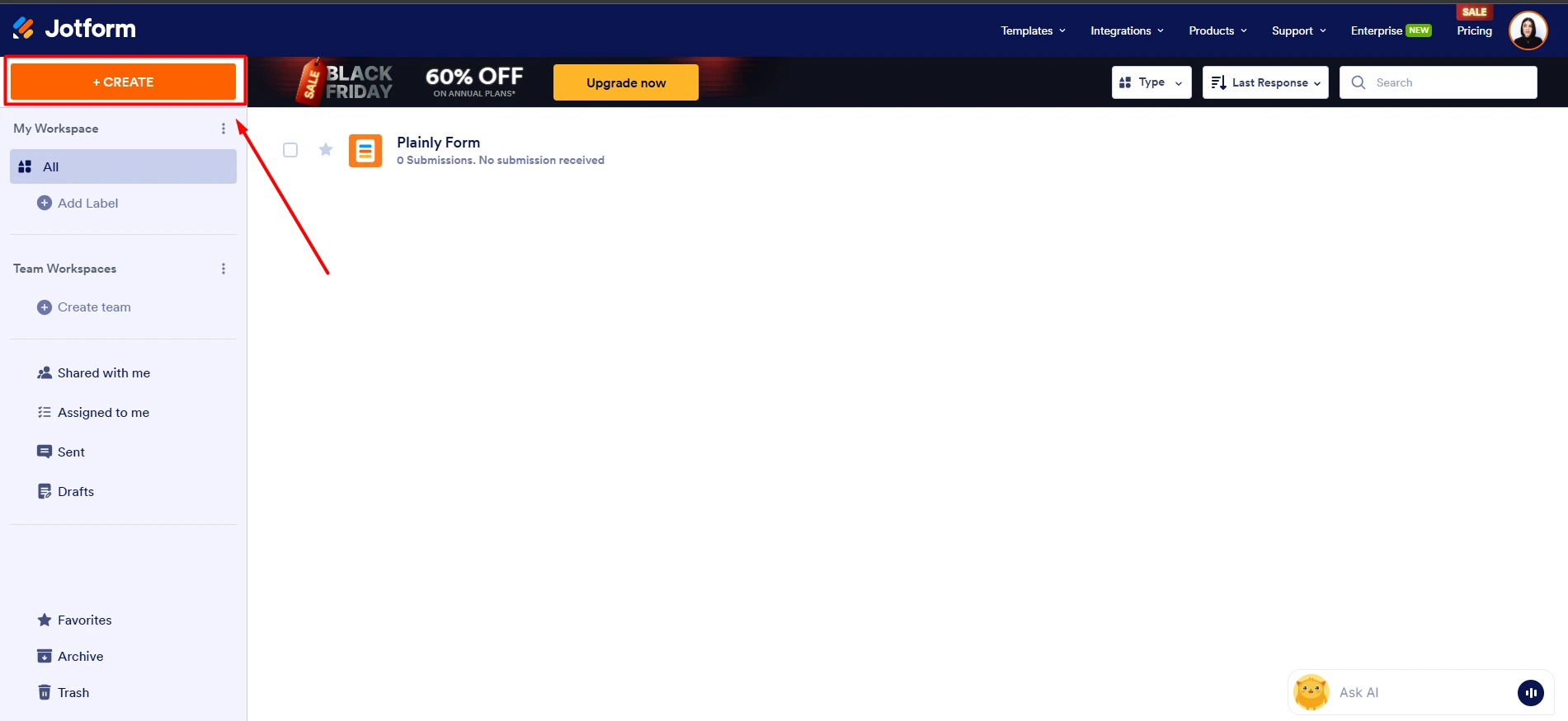 Jotform dashboard, Create