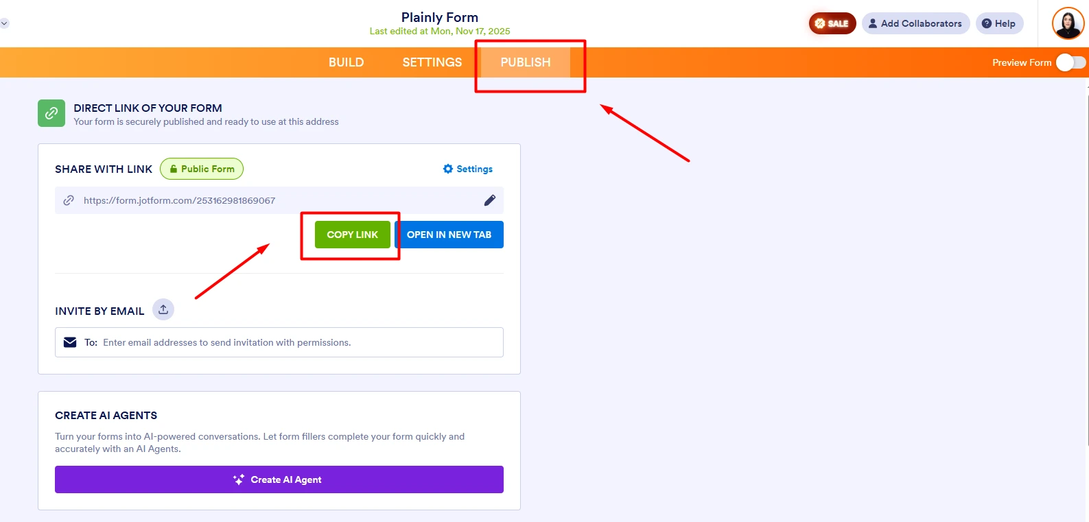 JotForm Publish and Copy link
