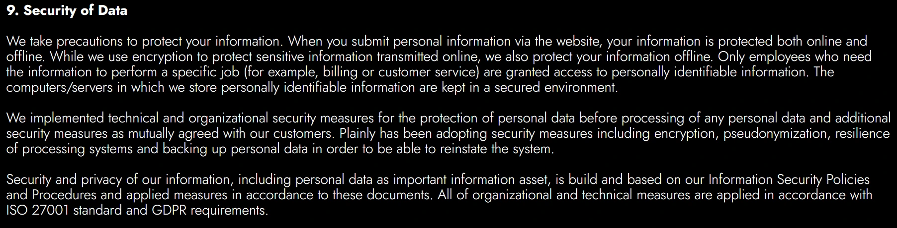 Plainly security excerpt from the privacy policy