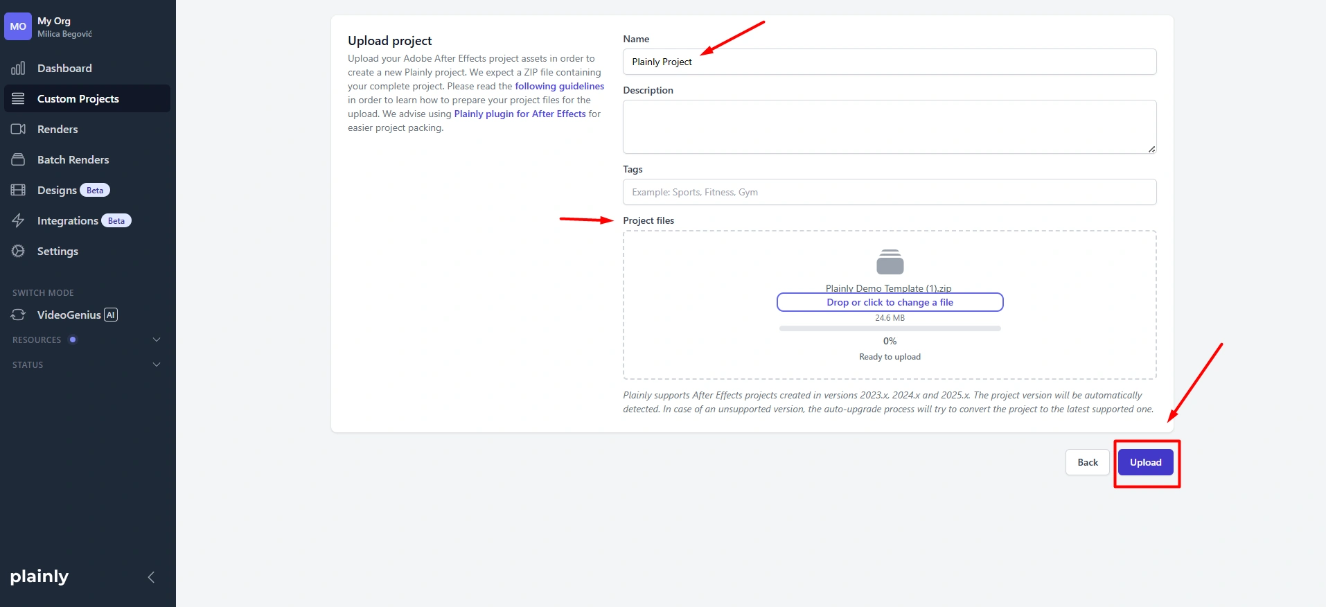 Upload project to Plainly videos