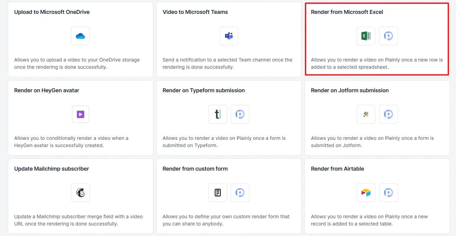 Render from Microsoft Excel ntegration in Plainly