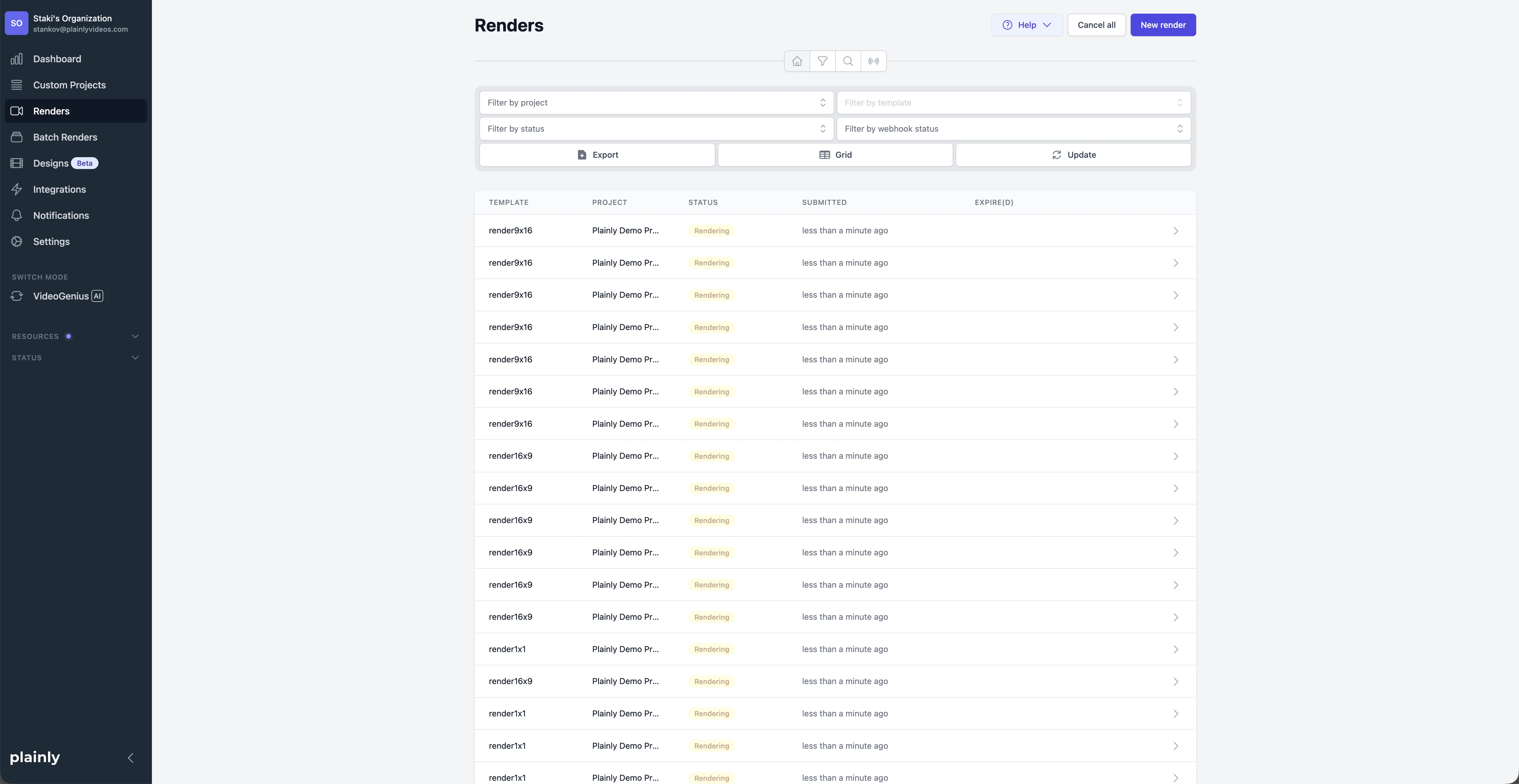 videos being rendered in Plainly