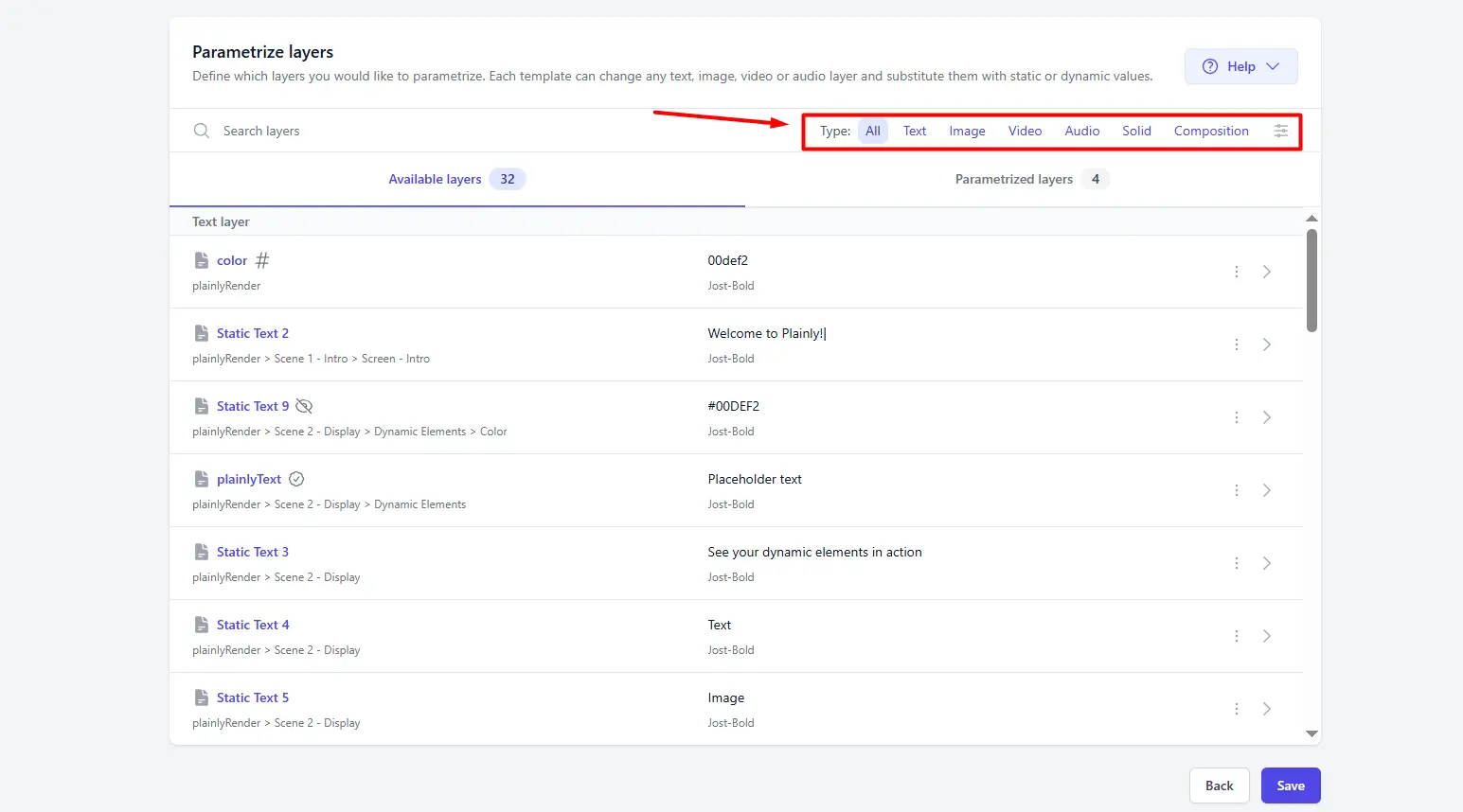Available layers in Plainly