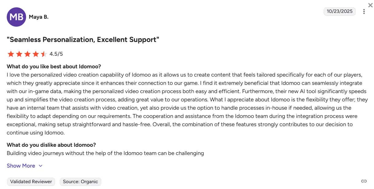 Idomoo review on G2 about the support