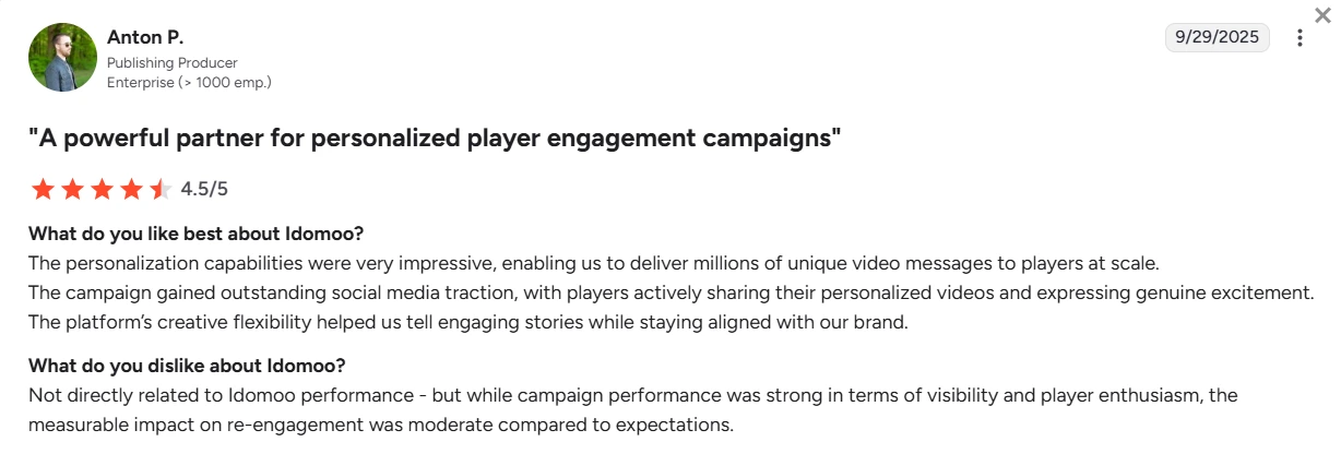 Idoomoo review on-G2 about personalization