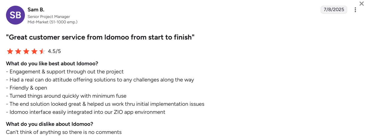 Idoomoo review-on G2 about the support