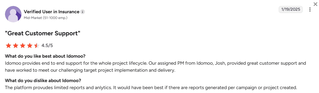 Idoomoo review on G2 on analytics