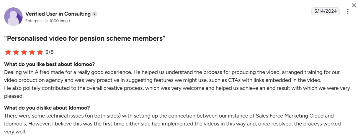 Idoomoo review on G2 about integration issues