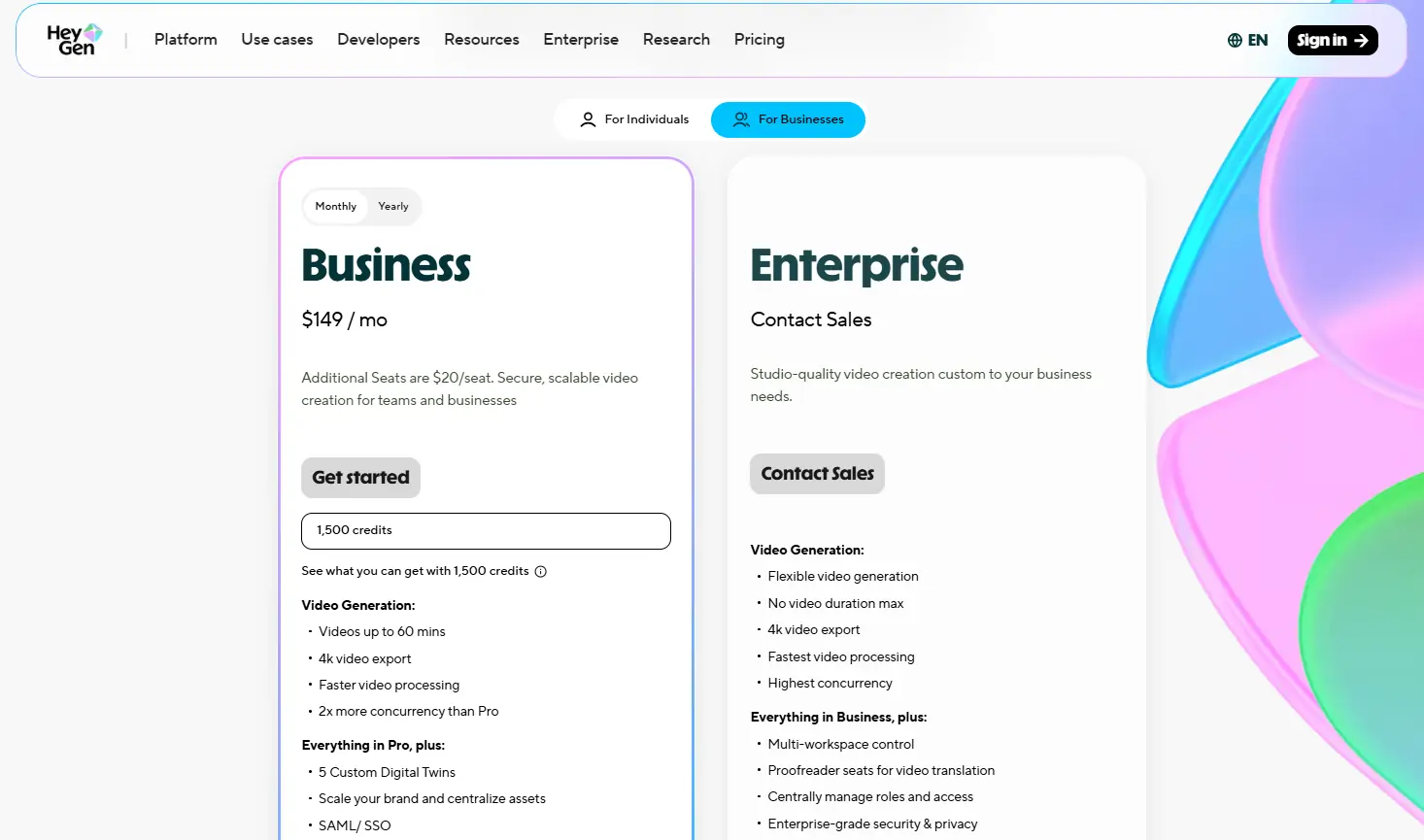 Heygen for businesses price