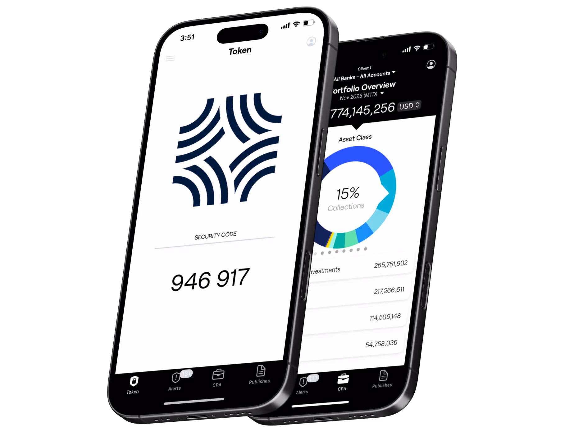 Two smartphones displaying finance apps, one showing a security code and the other a portfolio overview with a colorful asset class chart.