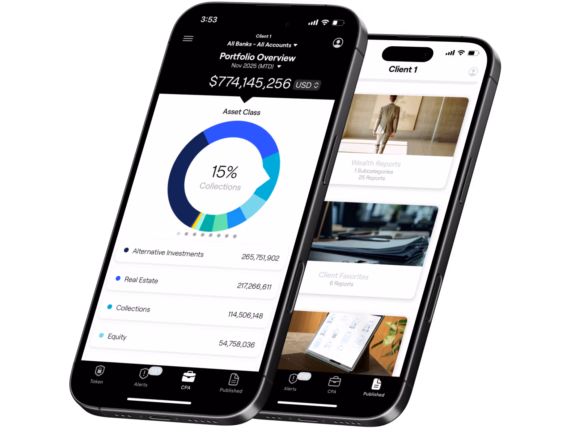 Two smartphones displaying a financial app with a portfolio overview donut chart and report categories for client wealth management.
