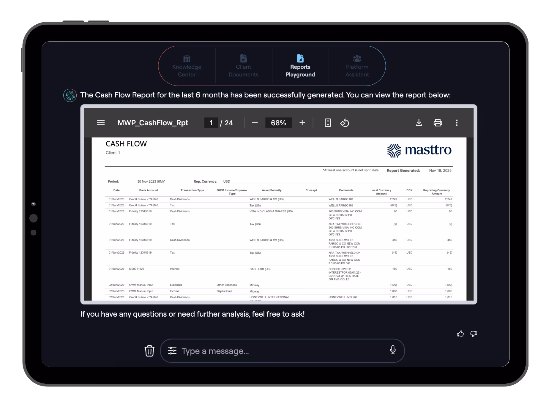 Tablet screen showing a cash flow report interface with a table of transactions including dates, bank accounts, transaction types, and amounts in USD, under the Masttro brand.