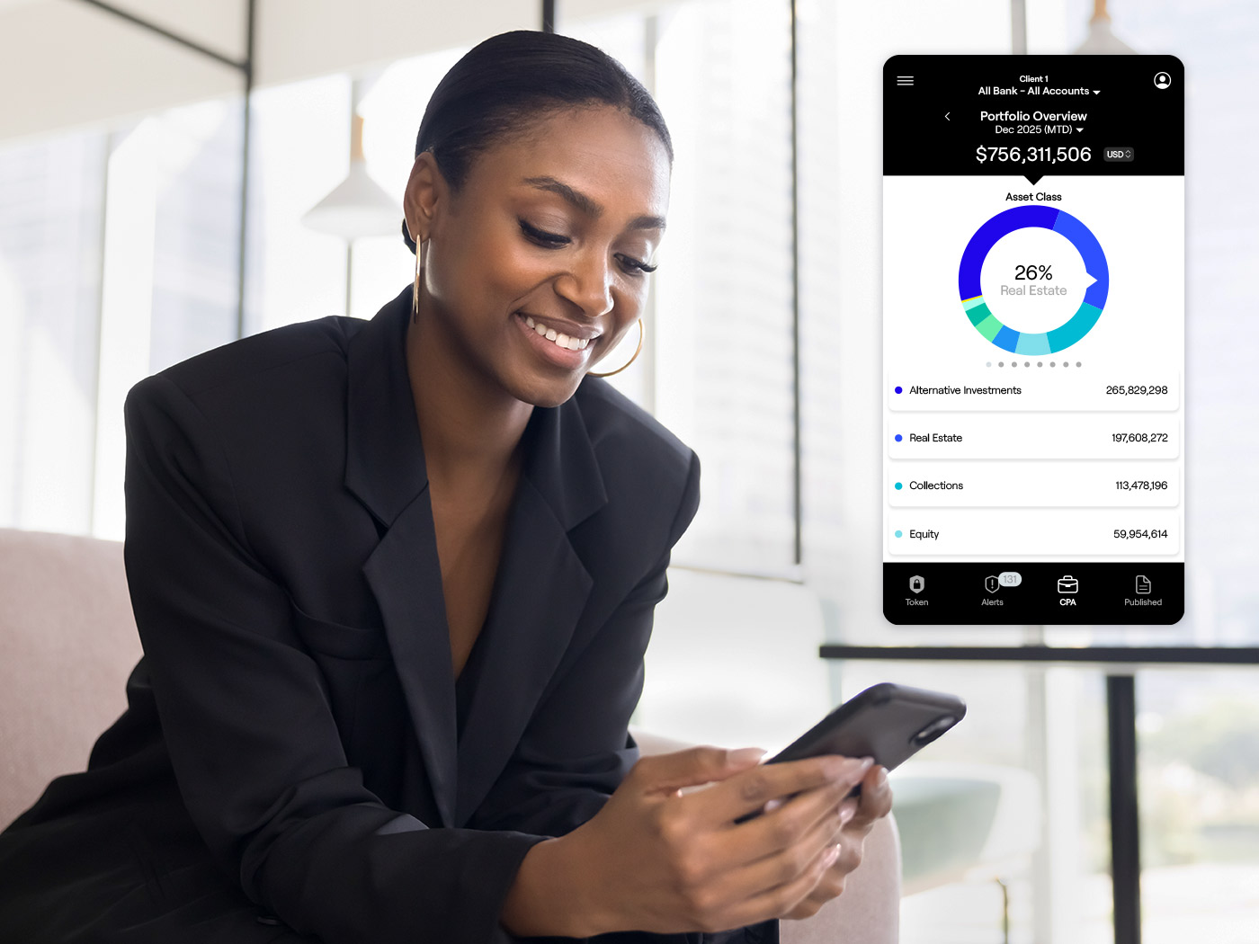 Smiling woman in black blazer holding a smartphone with a digital financial portfolio overview showing asset allocation and account balance.