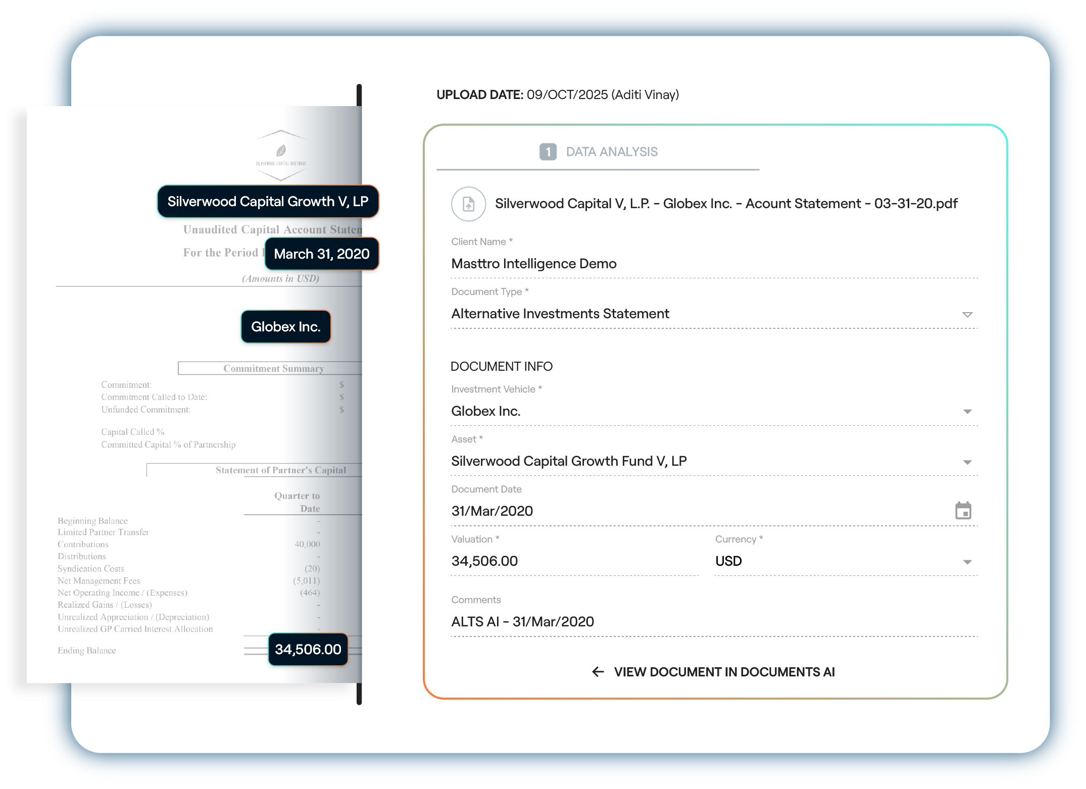 Digital document interface showing data analysis of Silverwood Capital Growth Fund V, LP for Globex Inc. with valuation of 34,506.00 USD dated March 31, 2020.