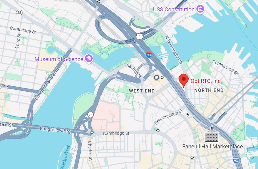Map of Boston with OptiRTC marked by a pin
