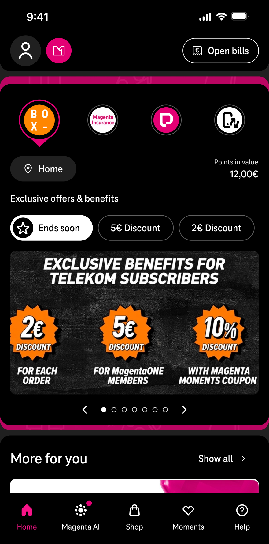 Telekom App homepage scrolled